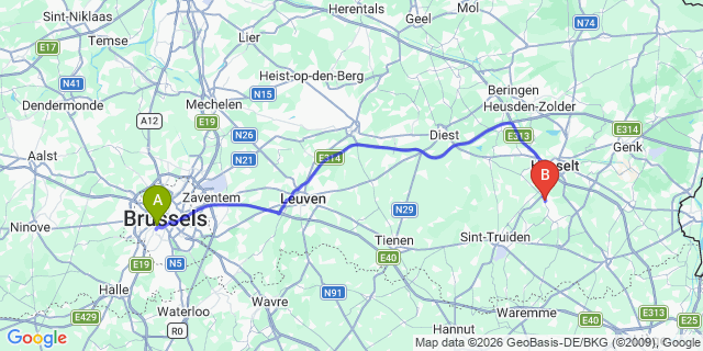 Map: Brussels Midi Train Station to Alken
