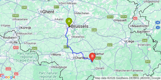 Map: Brussels Midi Train Station to Annevoie-Rouillon