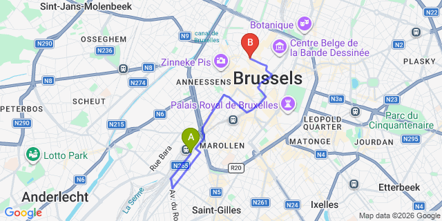 Map: Brussels Midi Train Station to Aparthotel Adagio Brussels Grand Place