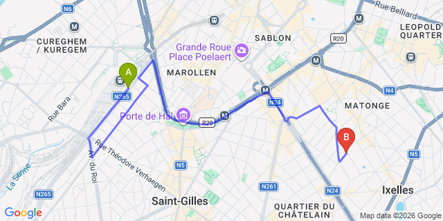 Map: Brussels Midi Train Station to Aparthotel AXL Flathotel Continental Stay, Brussels