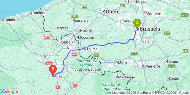 Map: Brussels Midi Train Station to Arras