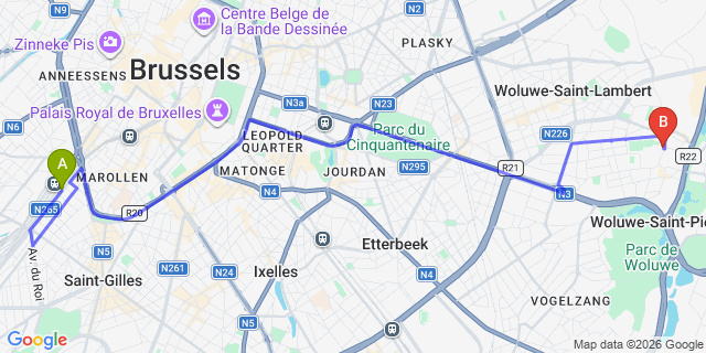 Map: Brussels Midi Train Station to Aspria Brussels Royal La Rasante