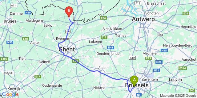 Map: Brussels Midi Train Station to Assenede