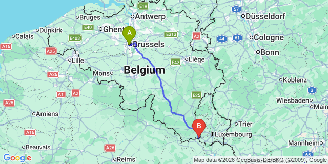 Map: Brussels Midi Train Station to Athus