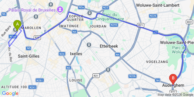 Map: Brussels Midi Train Station to Auderghem