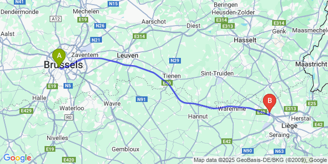 Map: Brussels Midi Train Station to Awans