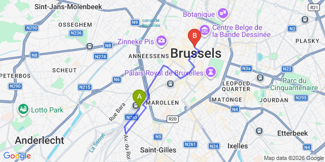 Map: Brussels Midi Train Station to B-aparthotel Grand Place Brussels