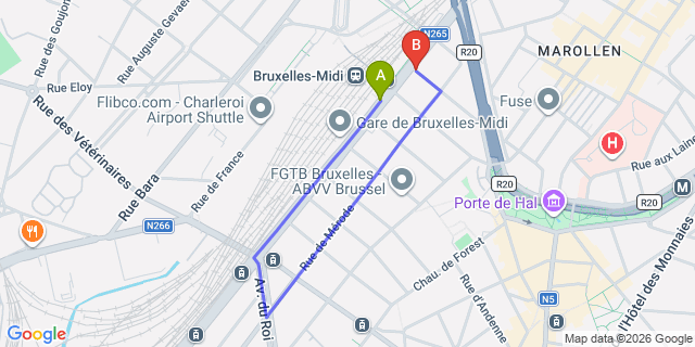 Map: Brussels Midi Train Station to B&B HOTEL Brussels Centre Gare du Midi