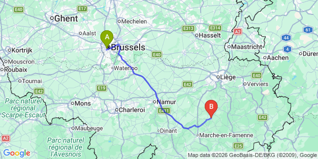 Map: Brussels Midi Train Station to Barvaux-sur-Ourthe