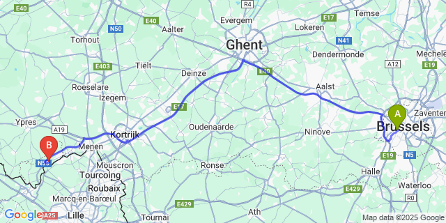 Map: Brussels Midi Train Station to Bas-Warneton