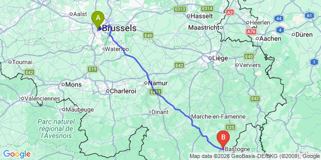 Map: Brussels Midi Train Station to Bastogne