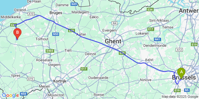 Map: Brussels Midi Train Station to Beerst