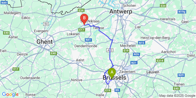 Map: Brussels Midi Train Station to Belsele