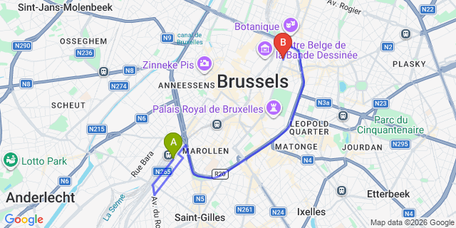 Map: Brussels Midi Train Station to Best Western Royal Centre, Brussels