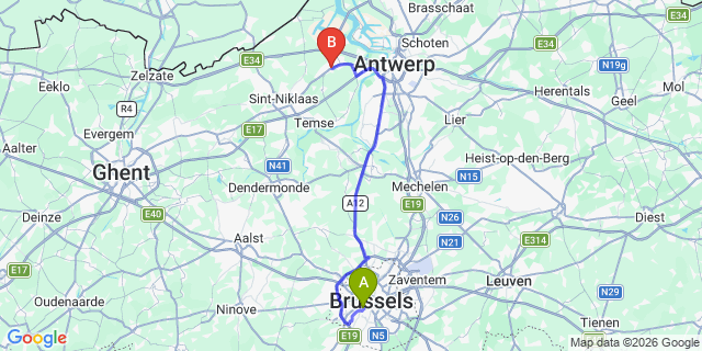 Map: Brussels Midi Train Station to Beveren
