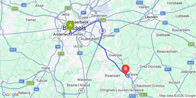 Map: Brussels Midi Train Station to Bierges