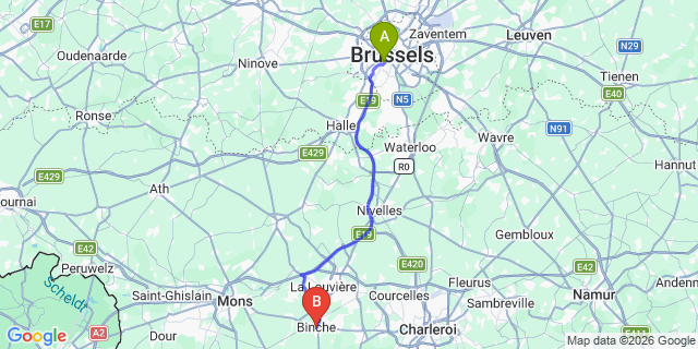 Map: Brussels Midi Train Station to Binche