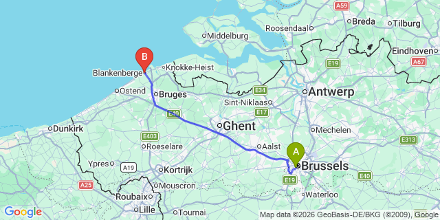 Map: Brussels Midi Train Station to Blankenberge