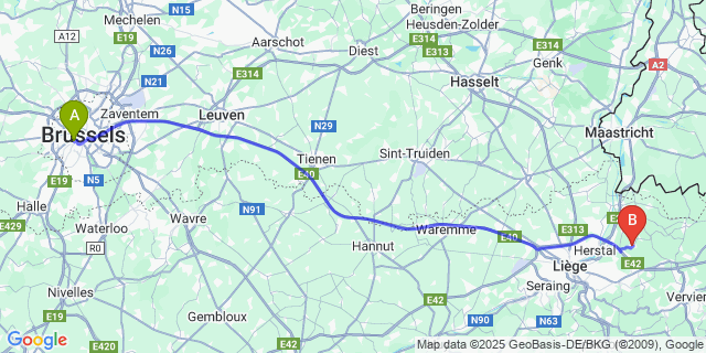 Map: Brussels Midi Train Station to Blégny