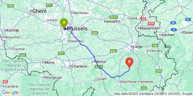 Map: Brussels Midi Train Station to Bomal