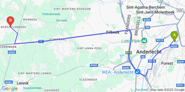 Map: Brussels Midi Train Station to Borchtlombeek