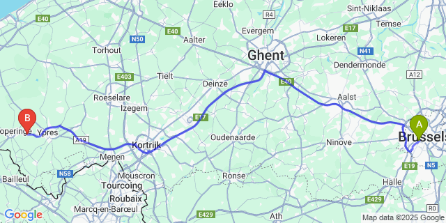 Map: Brussels Midi Train Station to Brandhoek