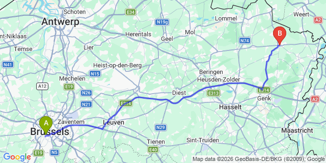 Map: Brussels Midi Train Station to Bree