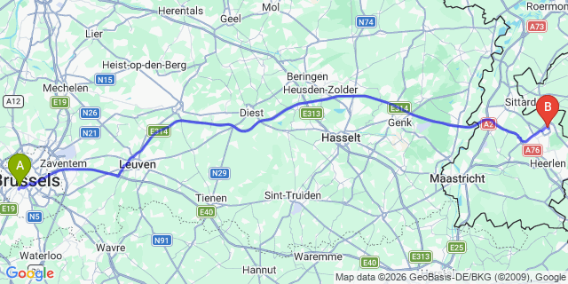 Map: Brussels Midi Train Station to Brunssum