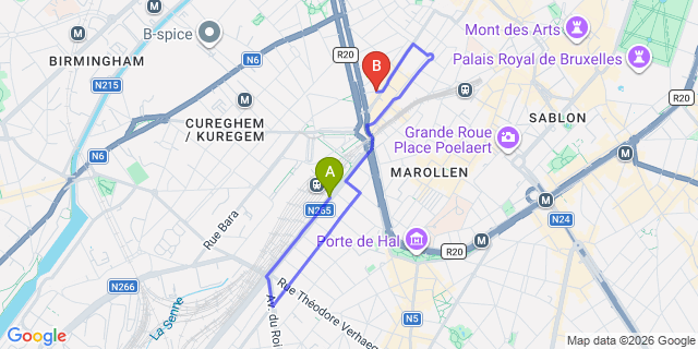 Map: Brussels Midi Train Station to Brxxl 5, Brussels
