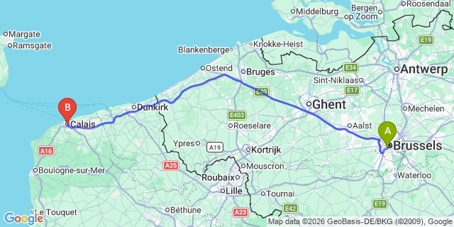 Map: Brussels Midi Train Station to Calais