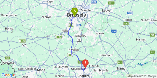 Map: Brussels Midi Train Station to Charleroi Airport Brussels South (CRL)
