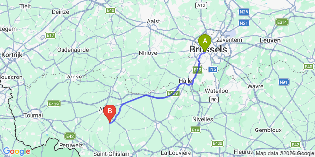 Map: Brussels Midi Train Station to Chièvres