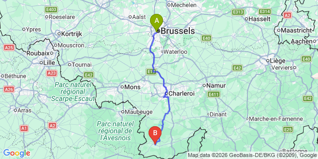 Map: Brussels Midi Train Station to Chimay