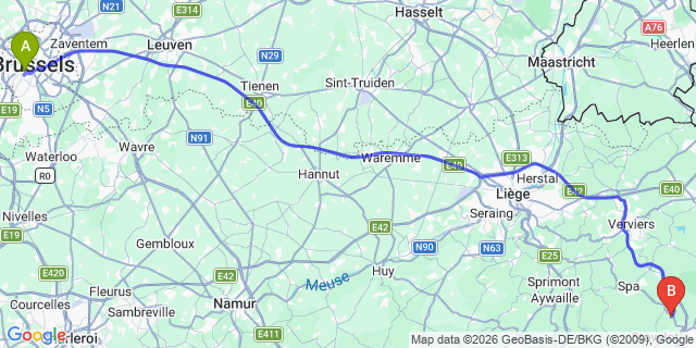 Map: Brussels Midi Train Station to Circuit of Spa-Francorchamps