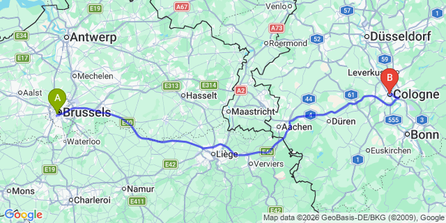 Map: Brussels Midi Train Station to Cologne