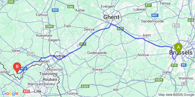 Map: Brussels Midi Train Station to Comines-Warneton