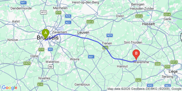 Map: Brussels Midi Train Station to Corswarem