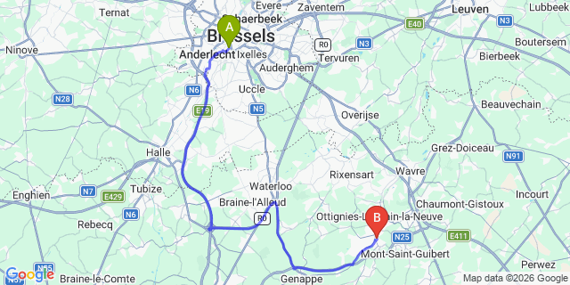 Map: Brussels Midi Train Station to Court-Saint-Étienne