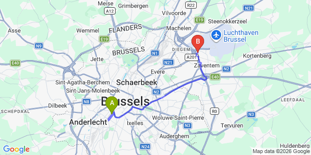 Map: Brussels Midi Train Station to Crowne Plaza Brussels Airport, an IHG Hotel