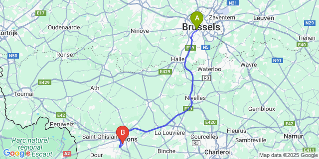 Map: Brussels Midi Train Station to Cuesmes