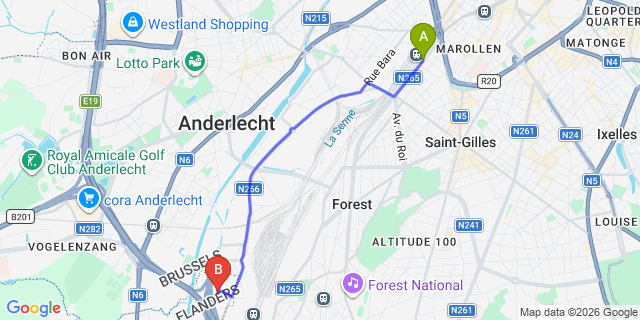 Map: Brussels Midi Train Station to DC Hotel Restaurant Drogenbos, Brussels