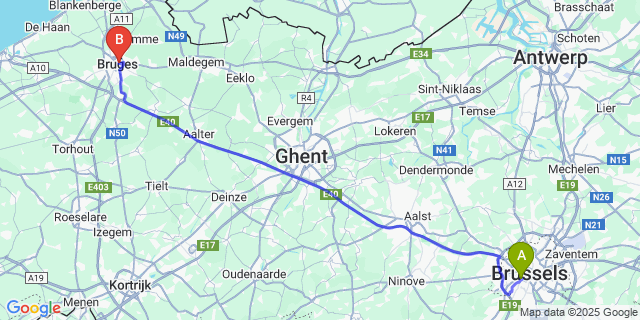 Map: Brussels Midi Train Station to De Driekoningen