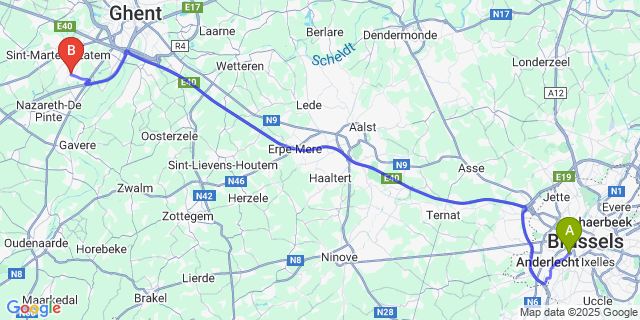 Map: Brussels Midi Train Station to De Pinte