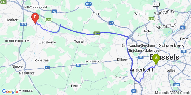 Map: Brussels Midi Train Station to Denderleeuw