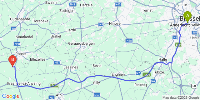 Map: Brussels Midi Train Station to Dergneau