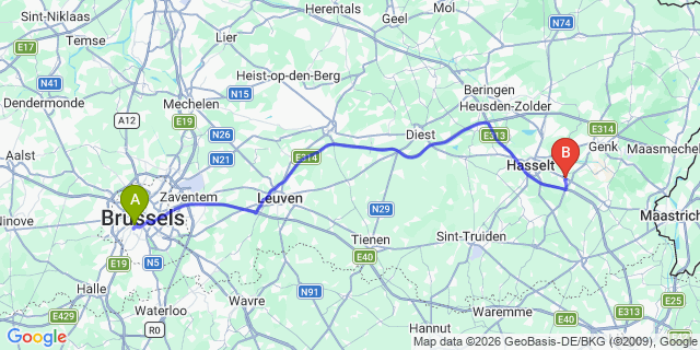 Map: Brussels Midi Train Station to Diepenbeek