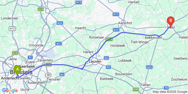 Map: Brussels Midi Train Station to Diest