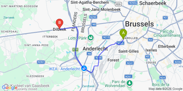 Map: Brussels Midi Train Station to Dilbeek