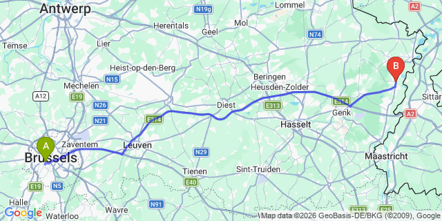 Map: Brussels Midi Train Station to Dilsen-Stokkem
