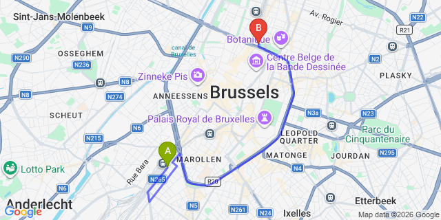 Map: Brussels Midi Train Station to DoubleTree by Hilton Brussels City